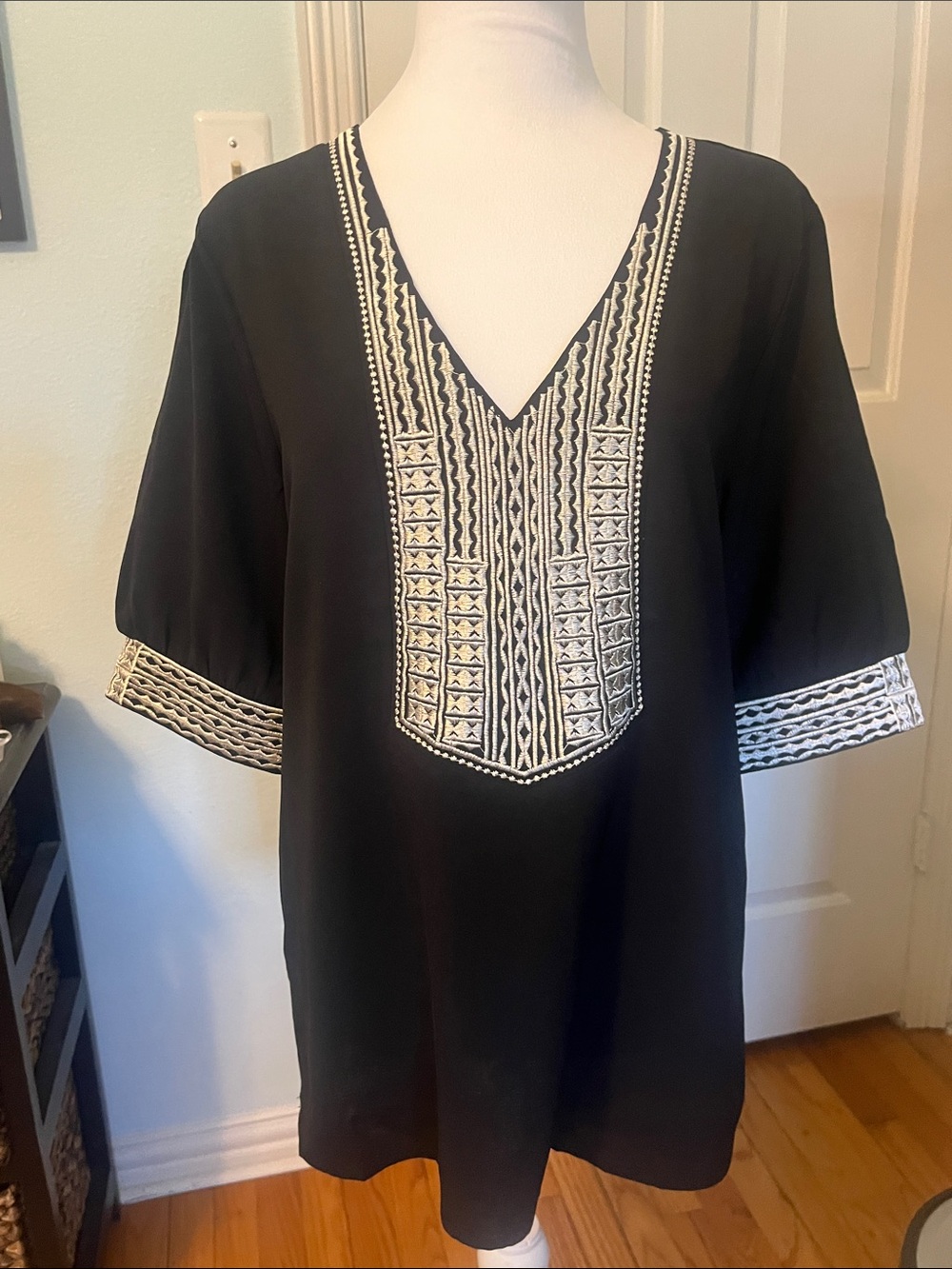 Embroidered V-Neck Tunic Top - Black with Cream Stitching